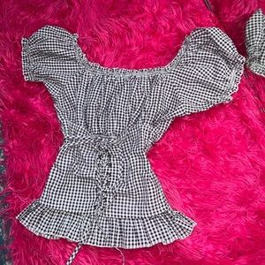 purple plaid corset top with ruffle sleeves
